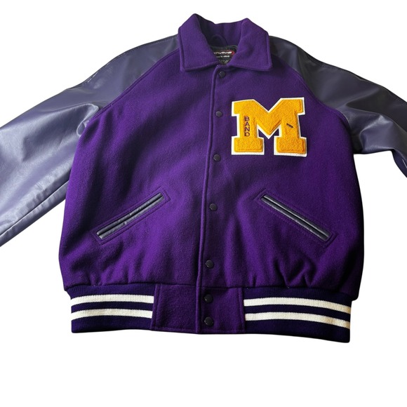 Powers Varsity Jacket Purple Band Letterman Wool Blend Leather Sleeve Coat SZ M - Picture 2 of 12